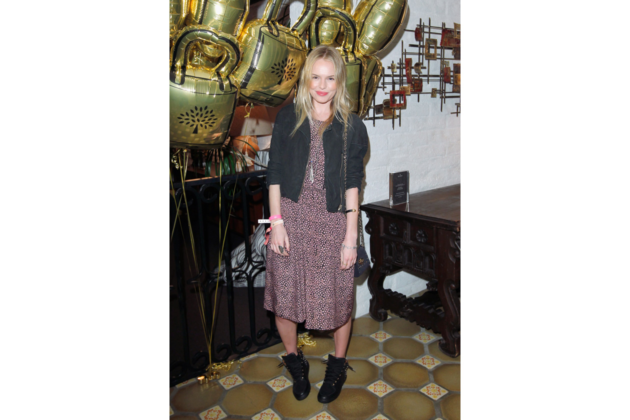 Kate Bosworth in Panel Dress in Multicolor Ditzy Daisy, Mulberry Sneaker in Black Studded Leather Carrying Mini Lily with Tassels in Ink Blue