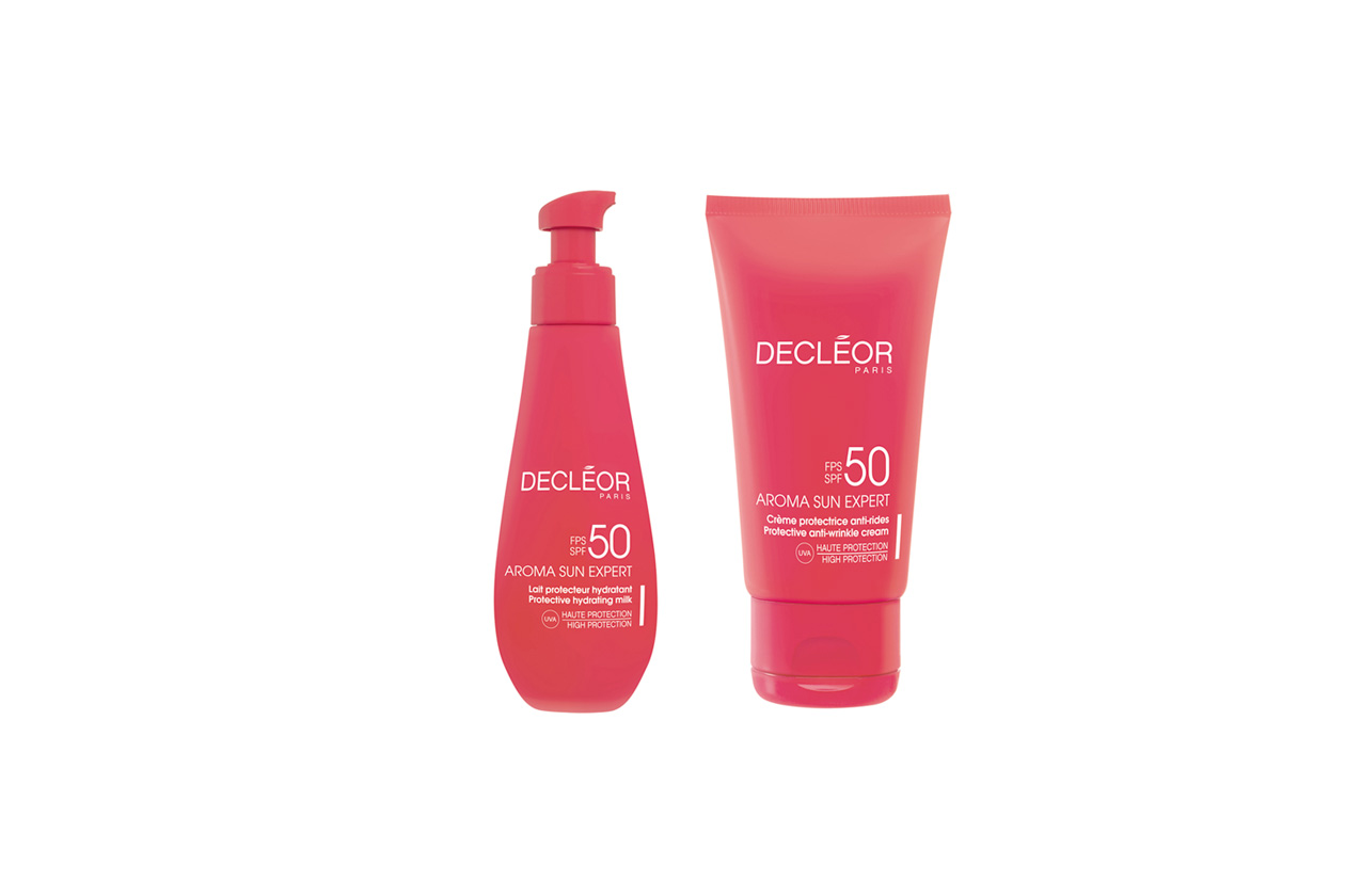 Della linea Aroma Sun Expert di Decléor la Crème protectrice anti-rides SPF50, dedicata alla protezione del viso e Lait protecteur hydratant SPF50