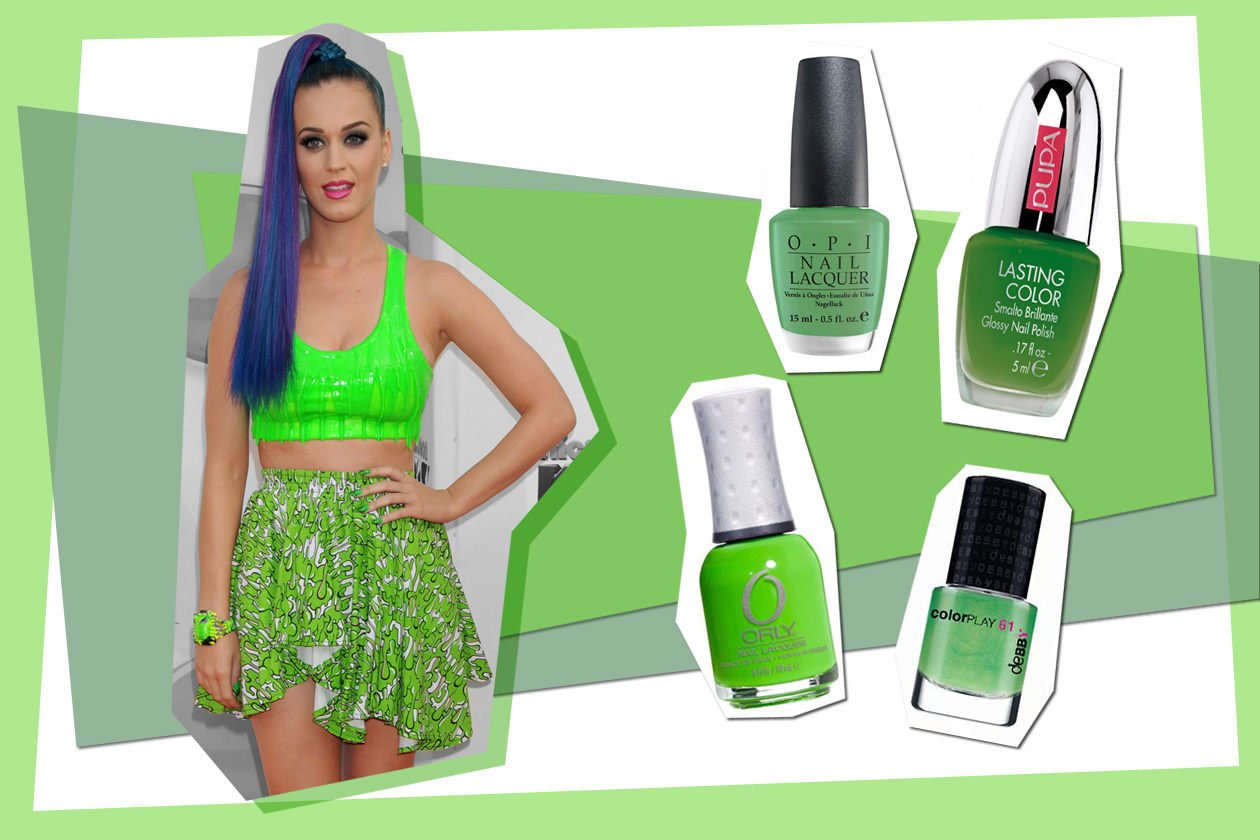 Katy Perry ama i look più eccentrici e sceglie uno smalto verde acido (Orly – Pupa – Debby – Opi)