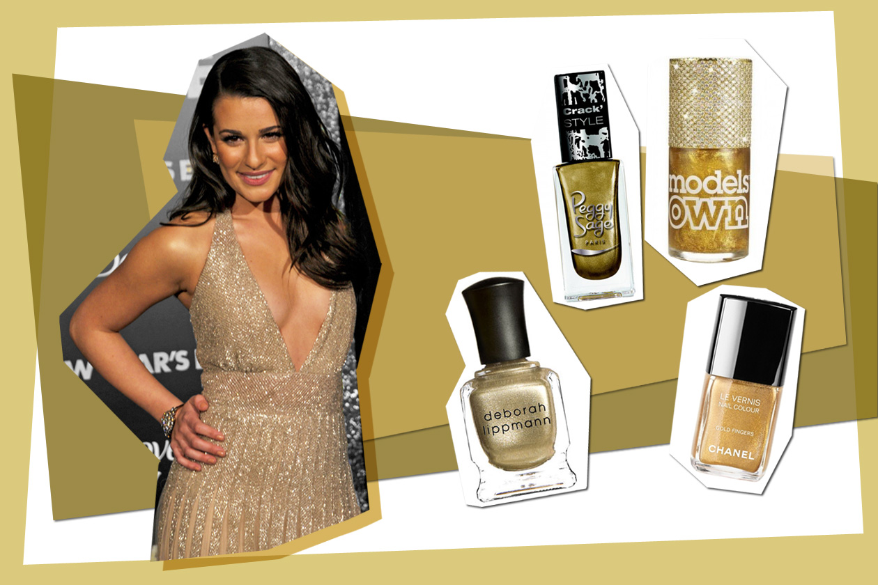 L’oro è il colore preferito dell’attrice Lea Michele (Peggy Sage – Chanel – Deborah Lippmann – Models Own)