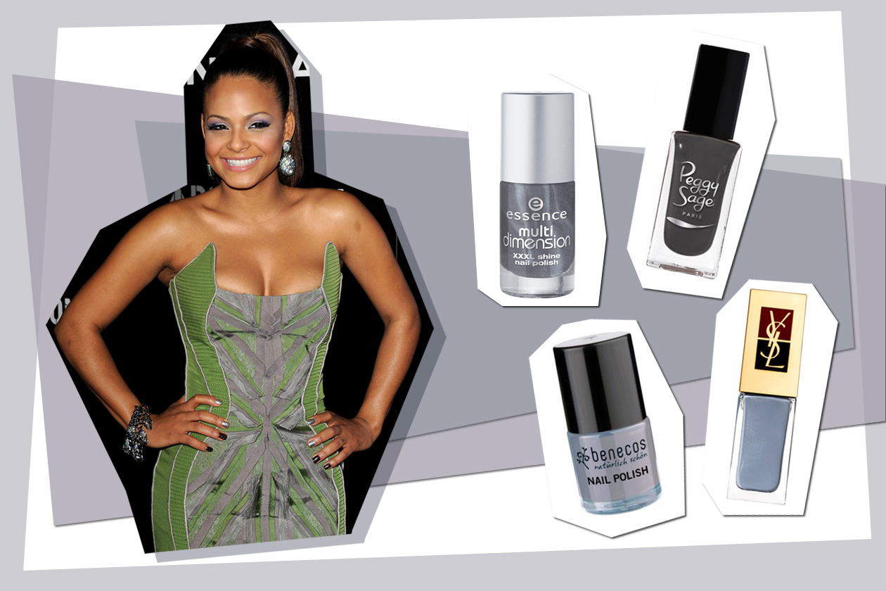 La cantante Christina Milian sceglie gradazioni diverse del grigio (Essence – Peggy Sage – Yves Saint Laurent – Benecos)