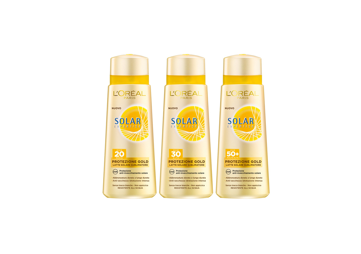 La formula di Protezione Gold della linea Solar Expertise di L’Oréal assicura massima protezione, grazie ai filtri brevettati al MEXORYL® UVA/UVB