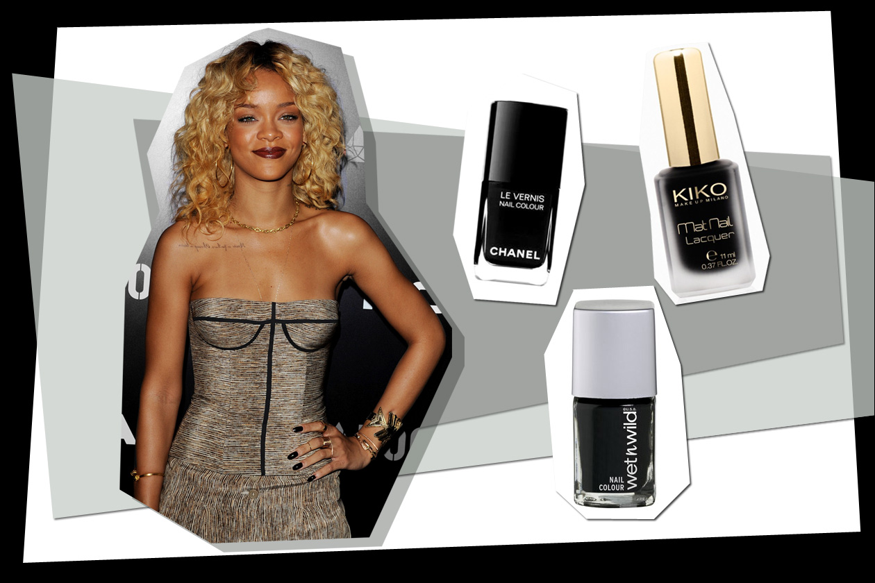 Nero intenso per Rihanna. Per replicare consigliamo una lacca mat (Kiko – Chanel – Wet ‘n Wild)