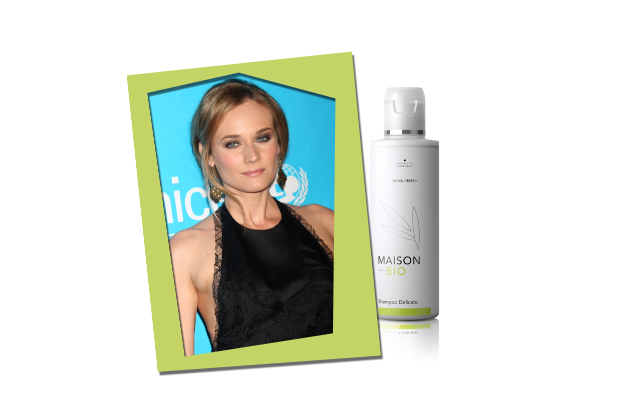 Per i capelli più sottili, come quelli dell’attrice Diane Kruger, è perfetto lo shampoo delicato Maison Bio senza siliconi e parabeni