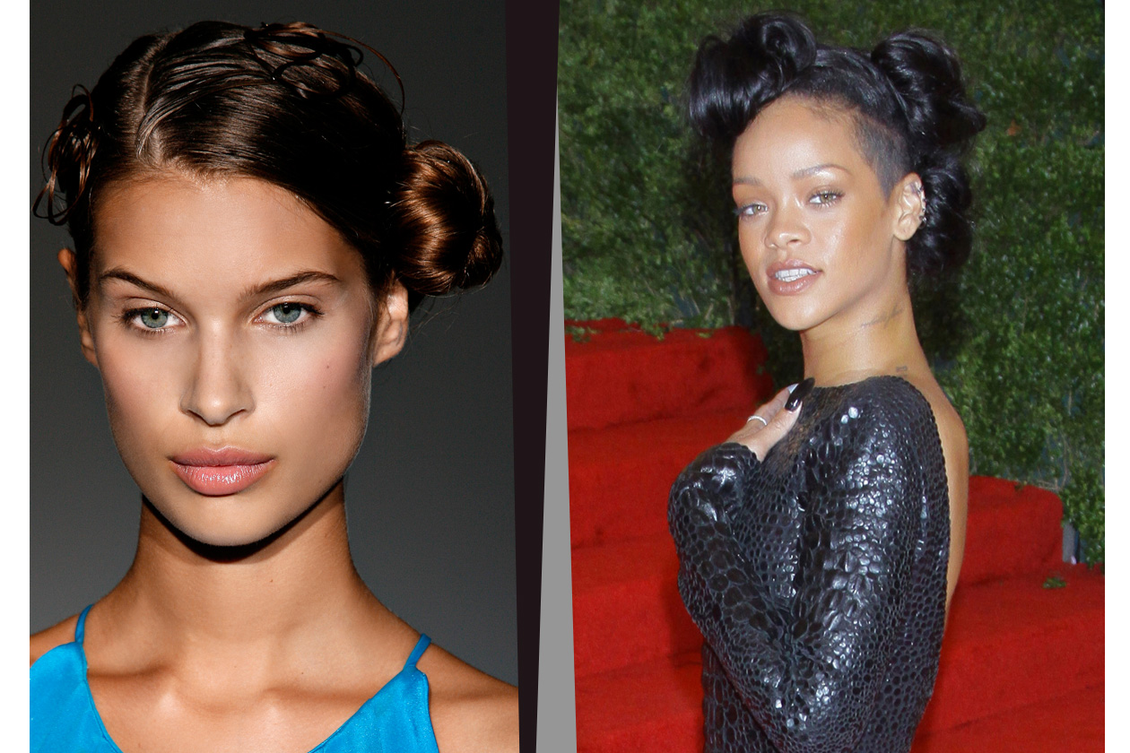Rihanna separa la chioma in maxi chignon e crea ordine. L’ispirazione arriva della passerelle di Robert Musso
