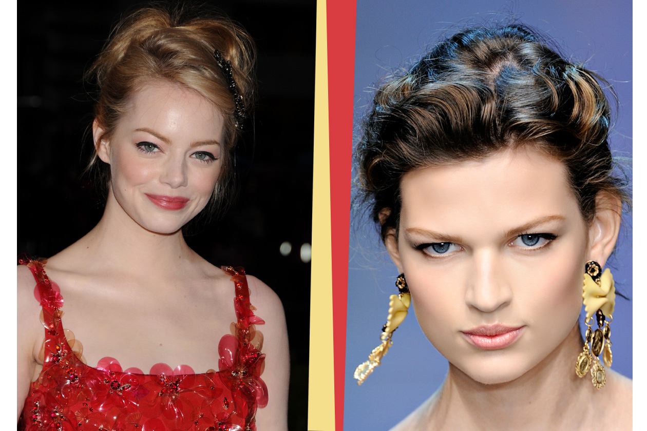 Simile alle modelle di Dolce & Gabbana, la pettinatura di Emma Stone è impreziosita da un accessorio che valorizza il viso