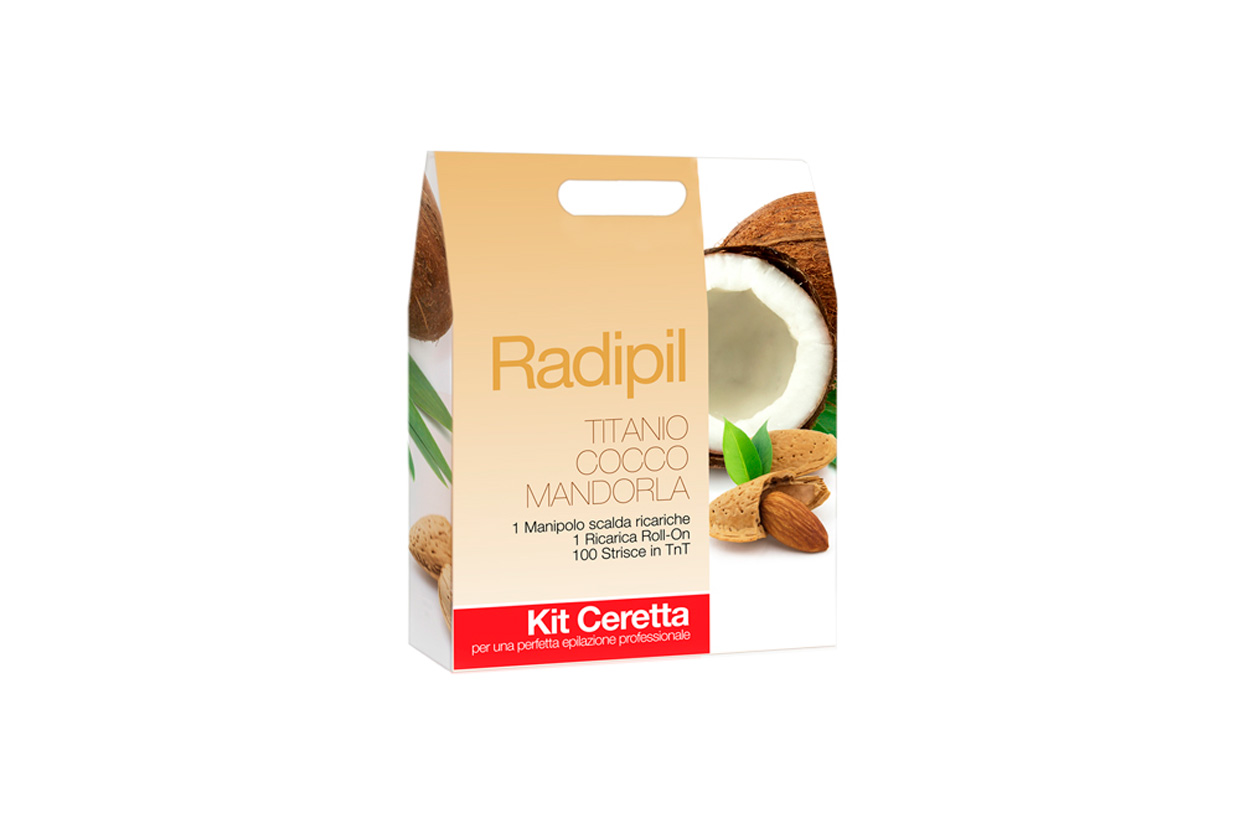 Il kit di Radipil Titanio Cocco e Mandorla con Roll contiene una cera liposolubile dalla consistenza morbida e facile da stendere