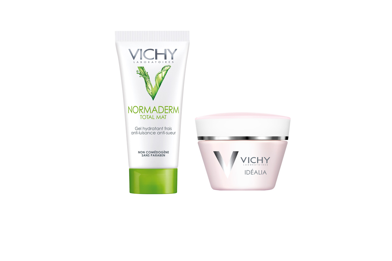 La crema Idealia di Vichy combatte i segni dello stress mentre per chi ha la pelle lucida la soluzione è Normaderm Total Mat