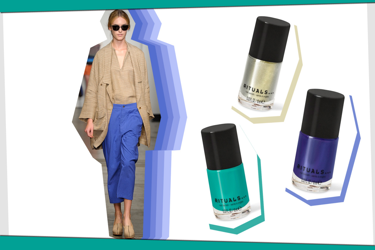 Rachel Comey punta su blu e beige. E se per il viso preferiamo un nude look, sulle mani giochiamo con i colori proposti da Rituals