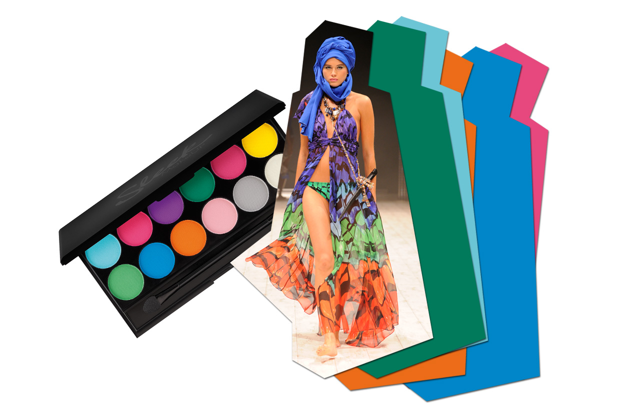 Preferiamo palette dai colori vivaci come la Ultra Mattes Brights di Sleek che scegliamo per questo costume/vestito di Gottex