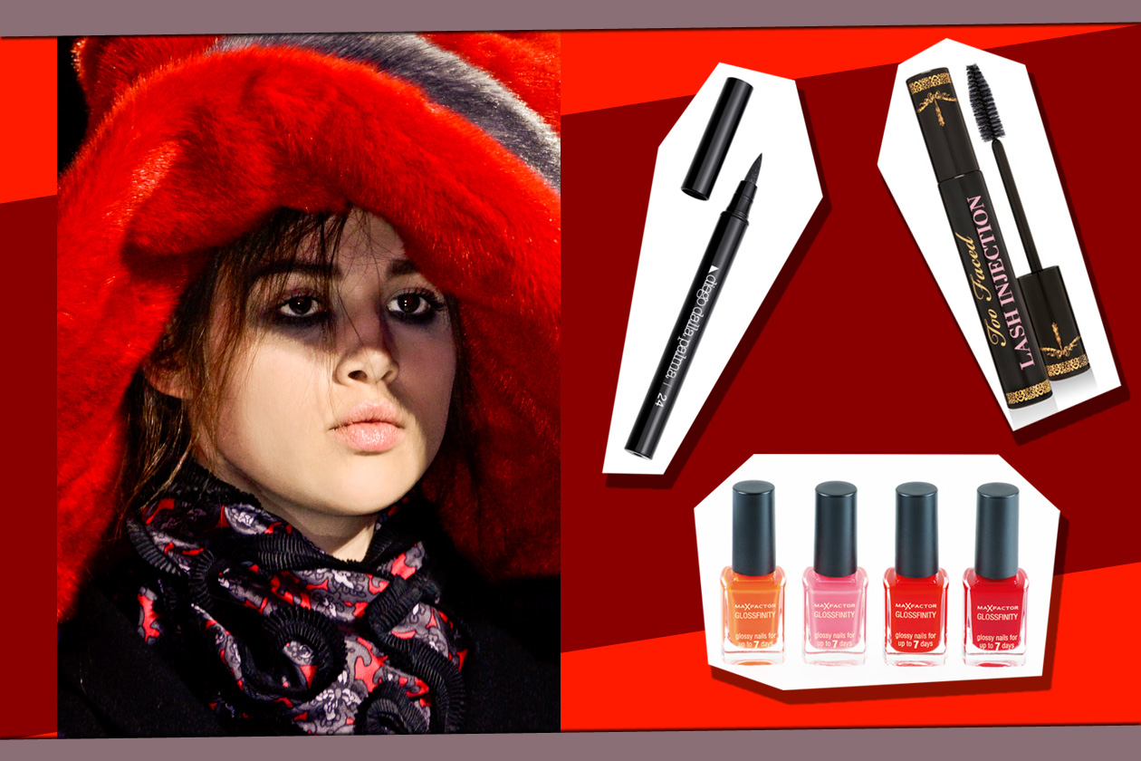 Trucco da strega con il cappello di Marc Jacobs (smalti Max Factor, eye liner Diego Dalla Palma, mascara Too Faced)