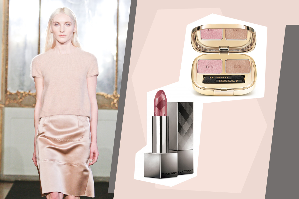 Nuance satinate (Sepia Pink di Burberry sulle labbra e Duo Glam Look Collection Cinnamon di Dolce&Gabbana sugli occhi) per il completo firmato Les Copains