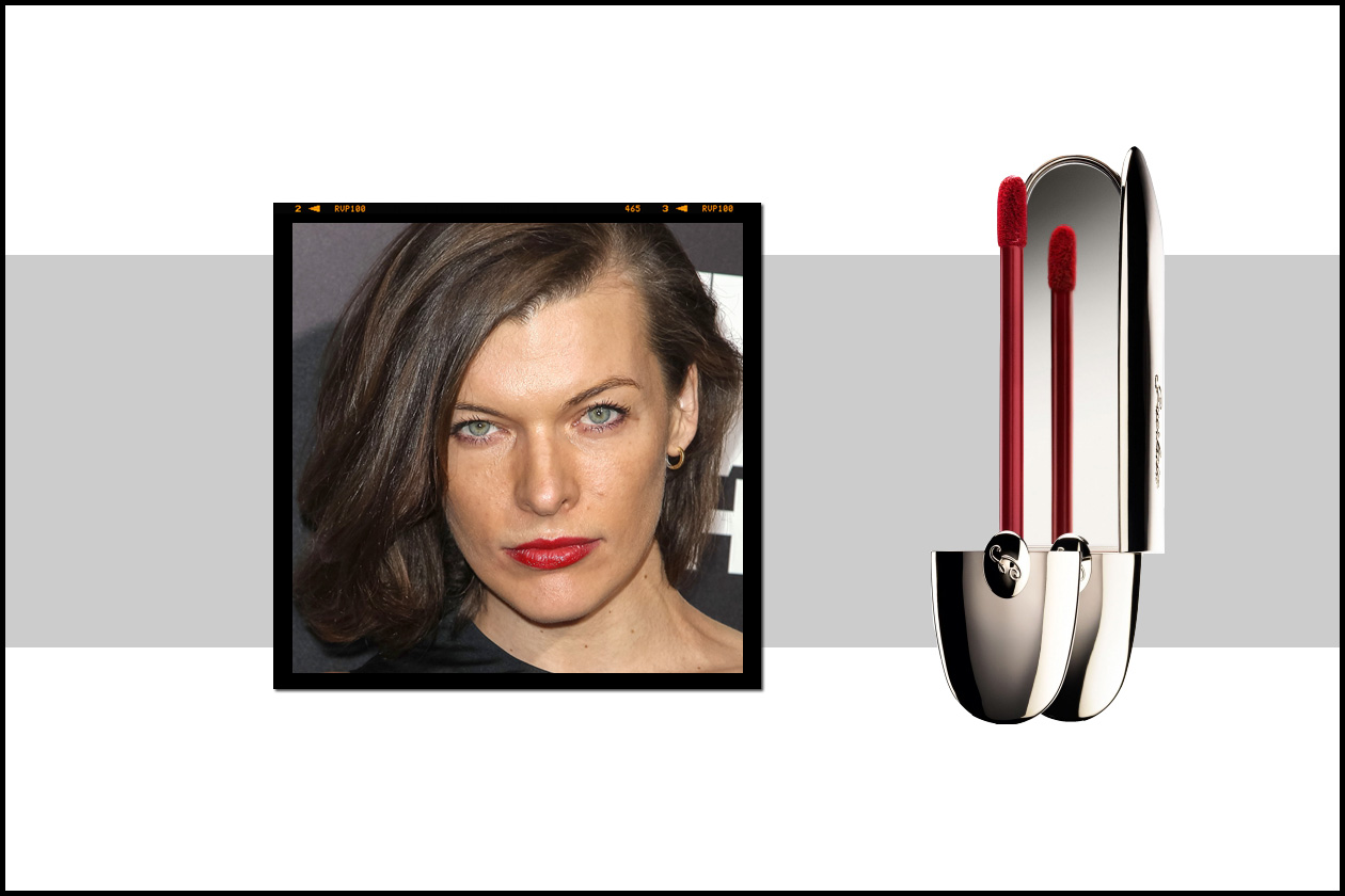 Effetto gloss brillante per le labbra di Milla Jovovich con il Rouge G L’Extrait Gourmandise di Guerlain