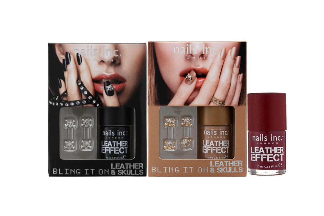 Ispirato alle tendenza p/e 2013, il Bling It On Tan Leather & Skulls di Nails. Inc.  ha un effetto lucido sull’unghia resa particolare da teschi di cristallo per una nail art easy to do ma di forte impatto