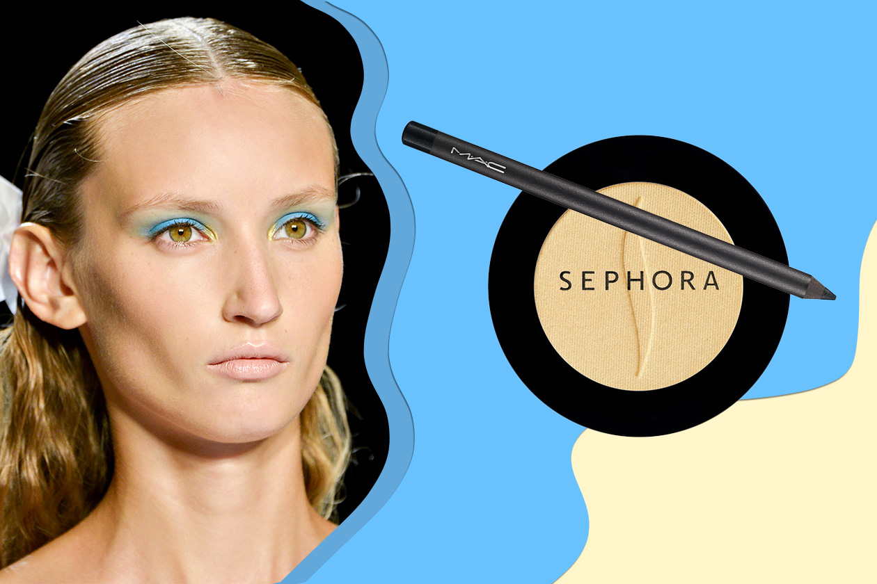 Giallo e azzurro sugli occhi della modella di Monique Lhuillier (Sephora – MAC)