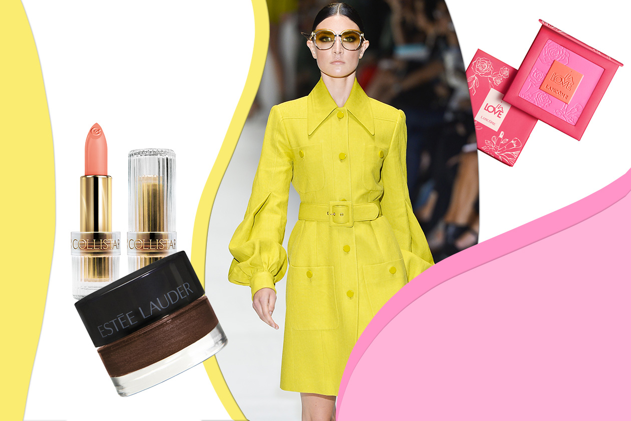 Rosa, marrone e oro è il mix ideale per il trucco abbinato al coat di Gucci (Collistar – Estée Lauder – Lancôme)