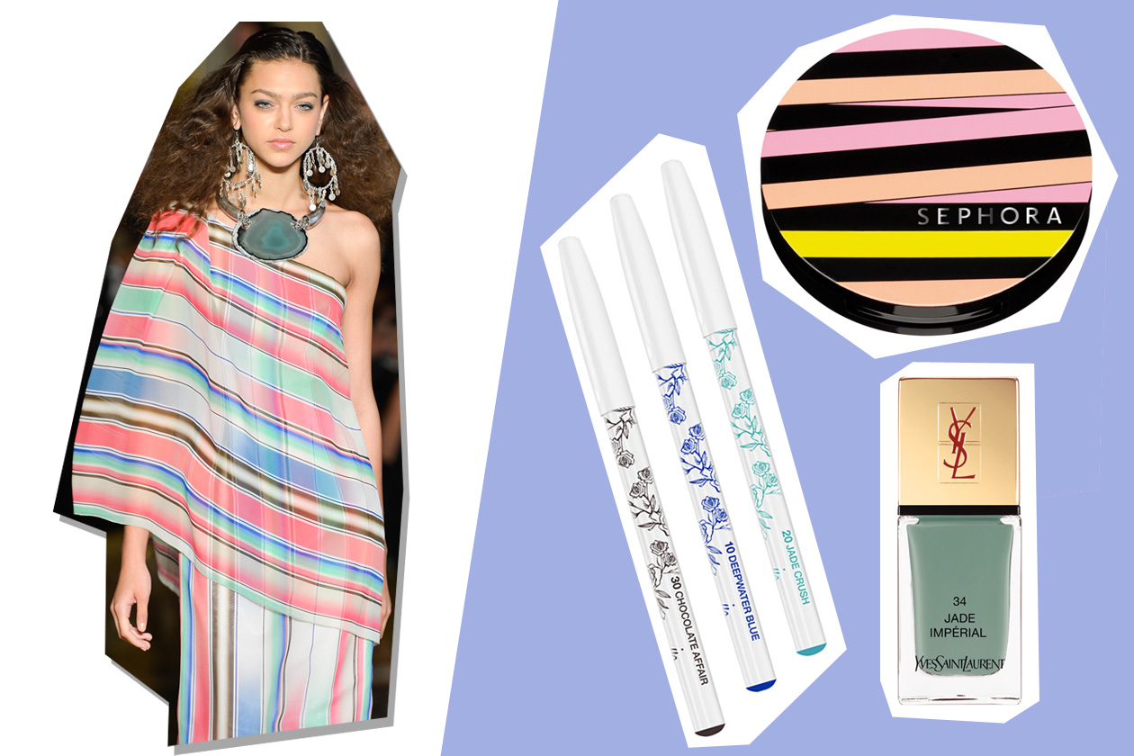 Un monospalla segnato da righe colorate (Lorenzo Riva) che ci fa pensare all’estate che verrà (Yves Saint Laurent – Sephora – Lancôme)