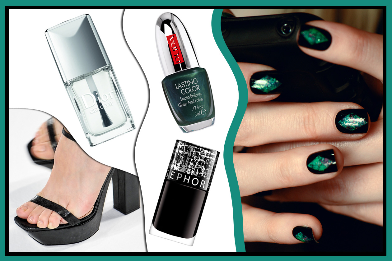 GLI OPPOSTI SI ATTRAGGONO: pensato per le ladies dall’animo dark il verde brillante abbinato al nero. Nude per i piedi (Sephora – Nicole Miller – Calvin Klein – Dior)