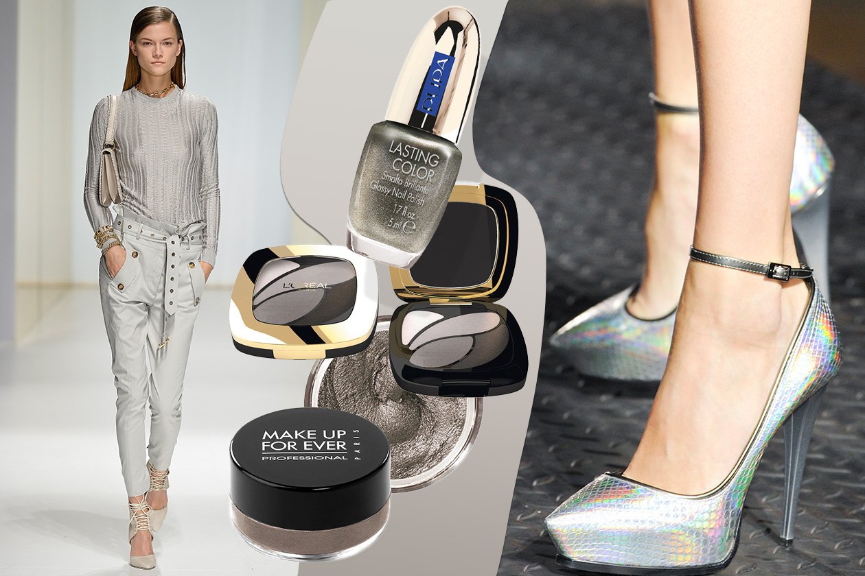 NERO&ARGENTO: Look fashion monocolore (Salvatore Ferragamo – Lanvin). Make up silver e black (Make Up For Ever -L’Oréal Paris). Smalto glitter di Pupa