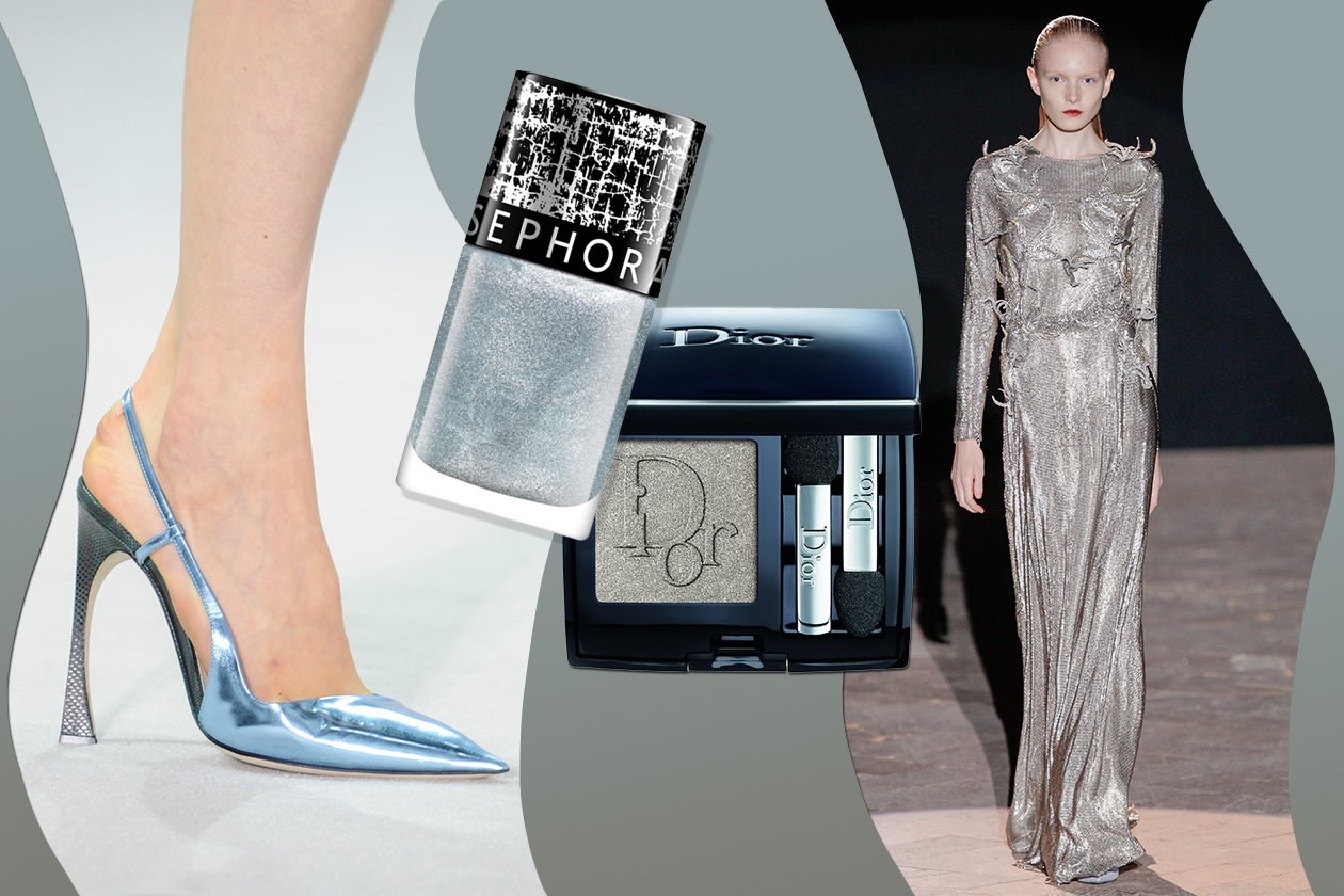 TOTAL LOOK: a tutto silver (Francesco Scognamiglio – Dior). Ombretto Dior sugli occhi; sulle unghie va il Top coat Crackle Argent di Sephora