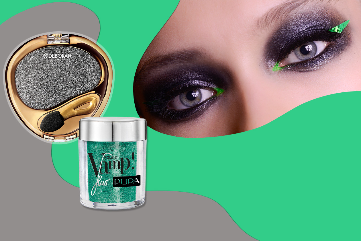 GRIGIO METAL E VERDE ACIDO. EFFETTO CONTRASTO: il look dal mood dark (Deborah Milano – Pupa – Atelier Versace)