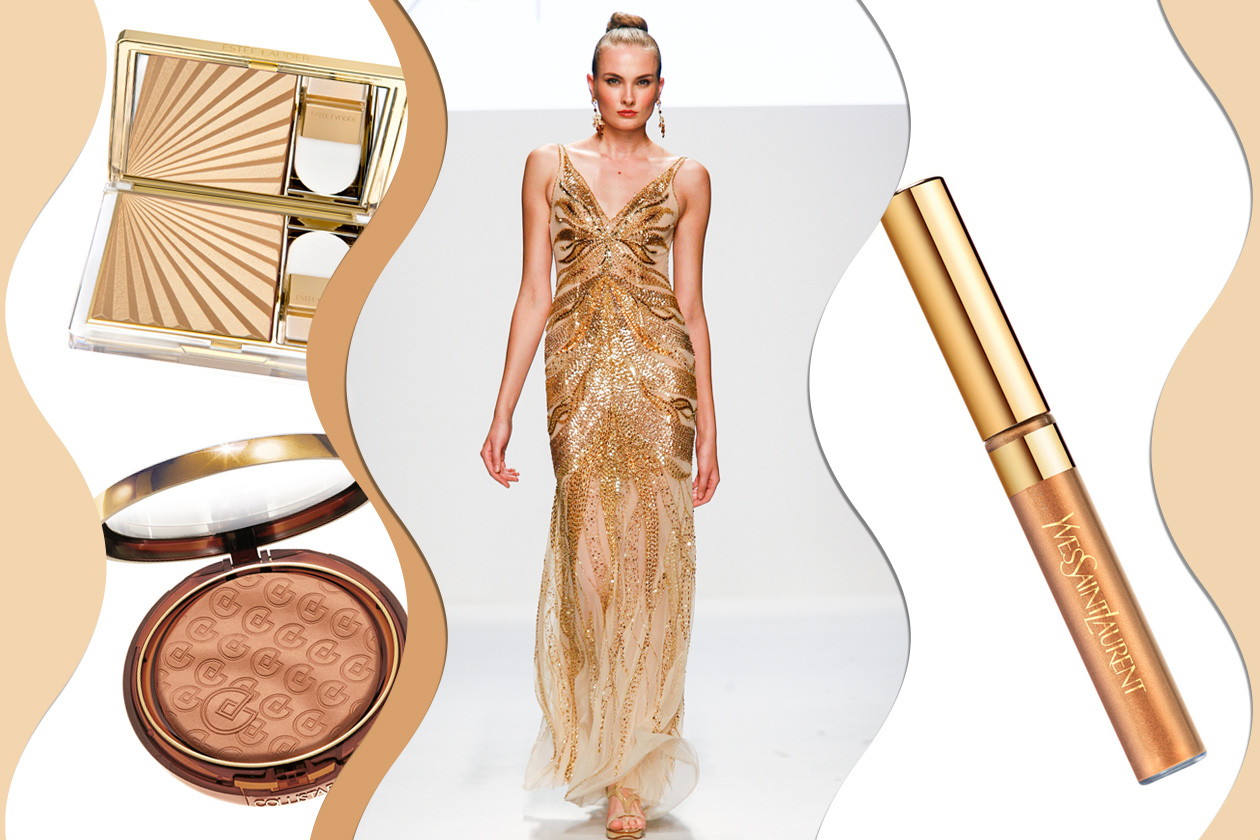 GOLD ALL OVER: impreziosite da paillettes e strass dorate e soluzioni make up luminose (Gabriel Lage – Collistar – Estée Lauder – Yves Saint Laurent)