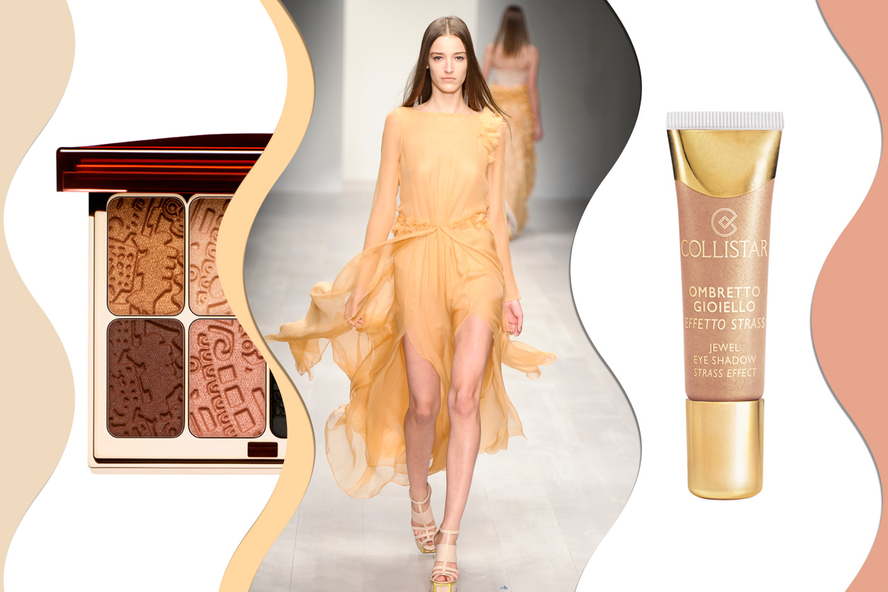 MILLE SFUMATURE D’ORO: regine del deserto avvolte da tessuti e polveri gold (Felder Felder – Collistar  – Clarins).