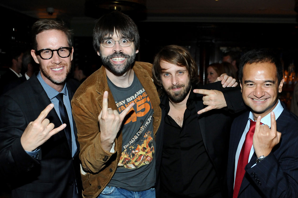 Joey McFarland, writer Joe Hill, director Alexandre Aja and Riza Aziz at the Grey Goose vodka dinner for Horns at Soho House Toronto on September 6, 2013 in Toronto, Canada. (Photo by Stefanie Keenan Getty Images for Grey Goose Vodka)