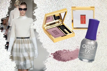 ASPETTANDO L’INVERNO: outfit in bianco e argento (Alice by Temperley). Lacca glitterata sulle mani (Orly) mentre sugli occhi scegliamo un viola trendy (Elizabeth Arden)