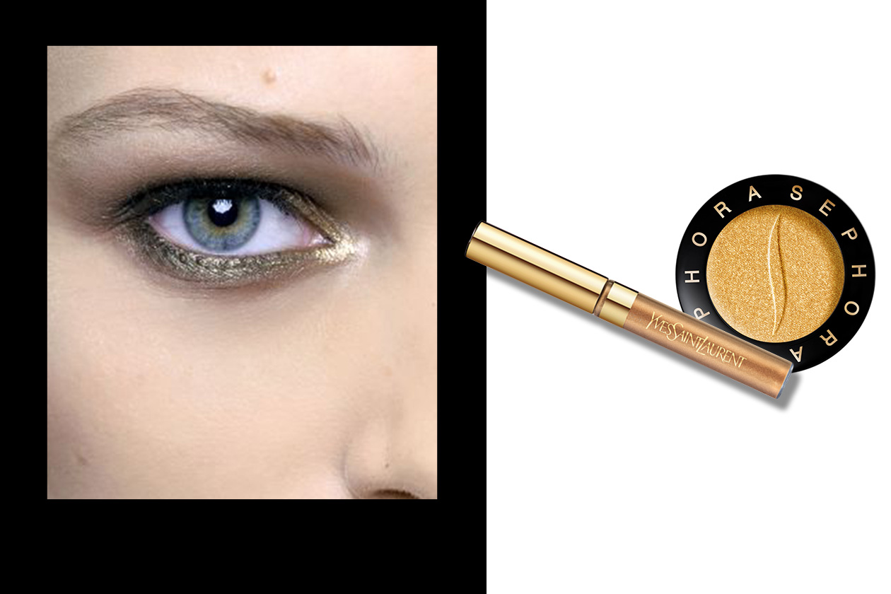 PAROLA D’ORDINE GOLD ALL OVER: focus on eyes. Più discreto il make up della modella di Valentino (Yves Saint Laurent – Sephora)