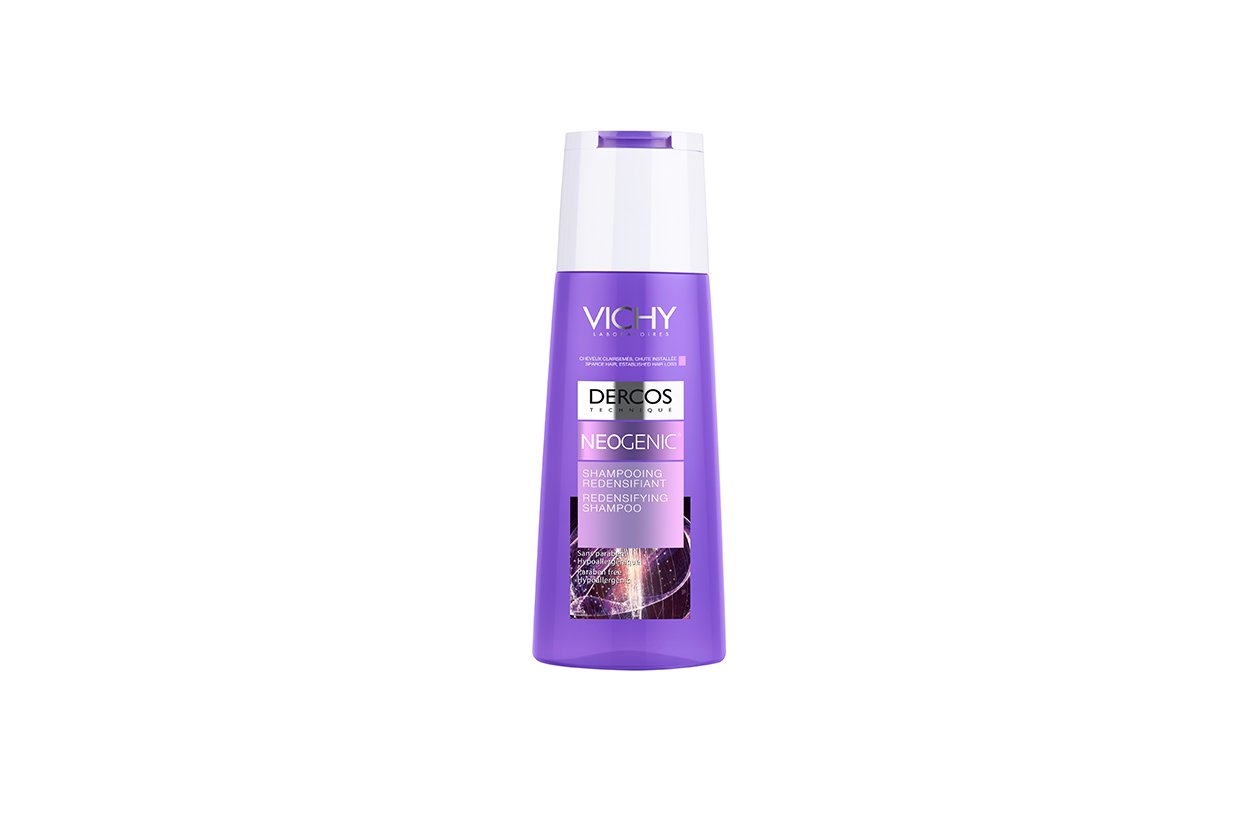 Contiene Stemoxydine e una speciale Tecnologia Pro-Densificante lo Shampoo ridensificante Dercos Neogenic di Vichy