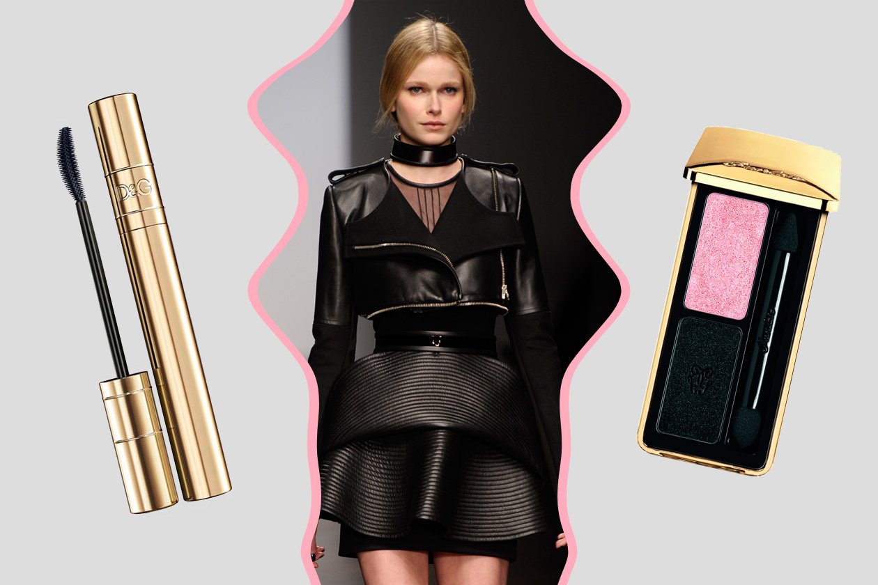 GEOMETRIE IN BLACK: tagli futuristici per David Koma. Mix di polveri shimmer e chiare sugli occhi e abbondante mascara (Guerlain – Dolce&Gabbana)