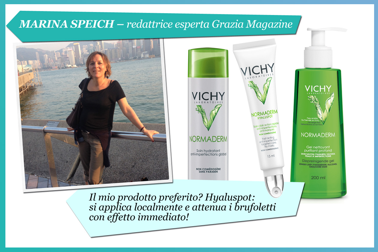 Marina Speich, redattrice esperta di Grazia: «Il mio prodotto preferito? Hyaluspot, della linea Normaderm, che riesce ad attenuare i brufoletti»