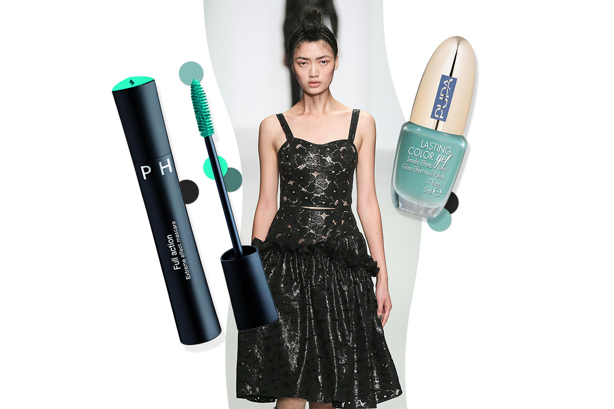 GREEN ATTITUDE: fiori dark per il vestito di Simone Rocha. Make up sui toni del mare (Pupa –Sephora)