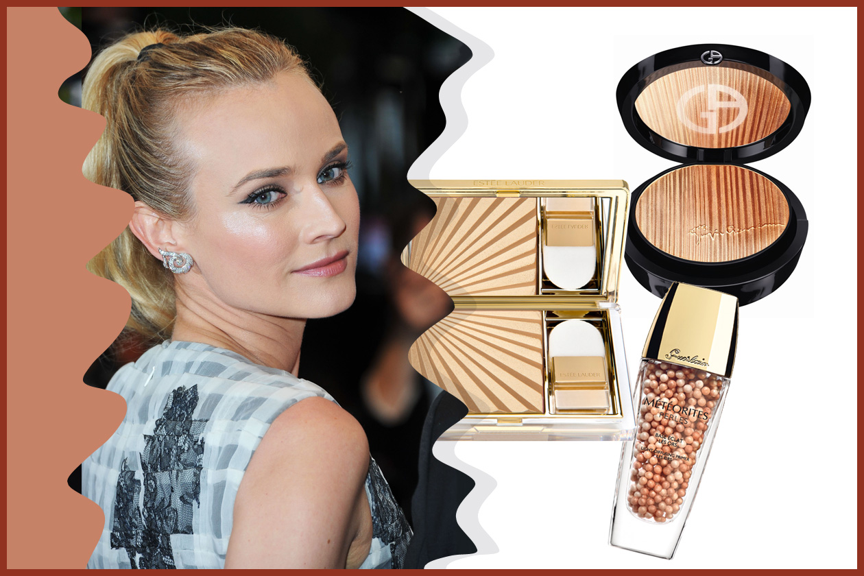 Un mix di polveri per un viso luminoso è il segreto di Diane Kruger (Estée Lauder, Giorgio Armani Beauty, Guerlain)