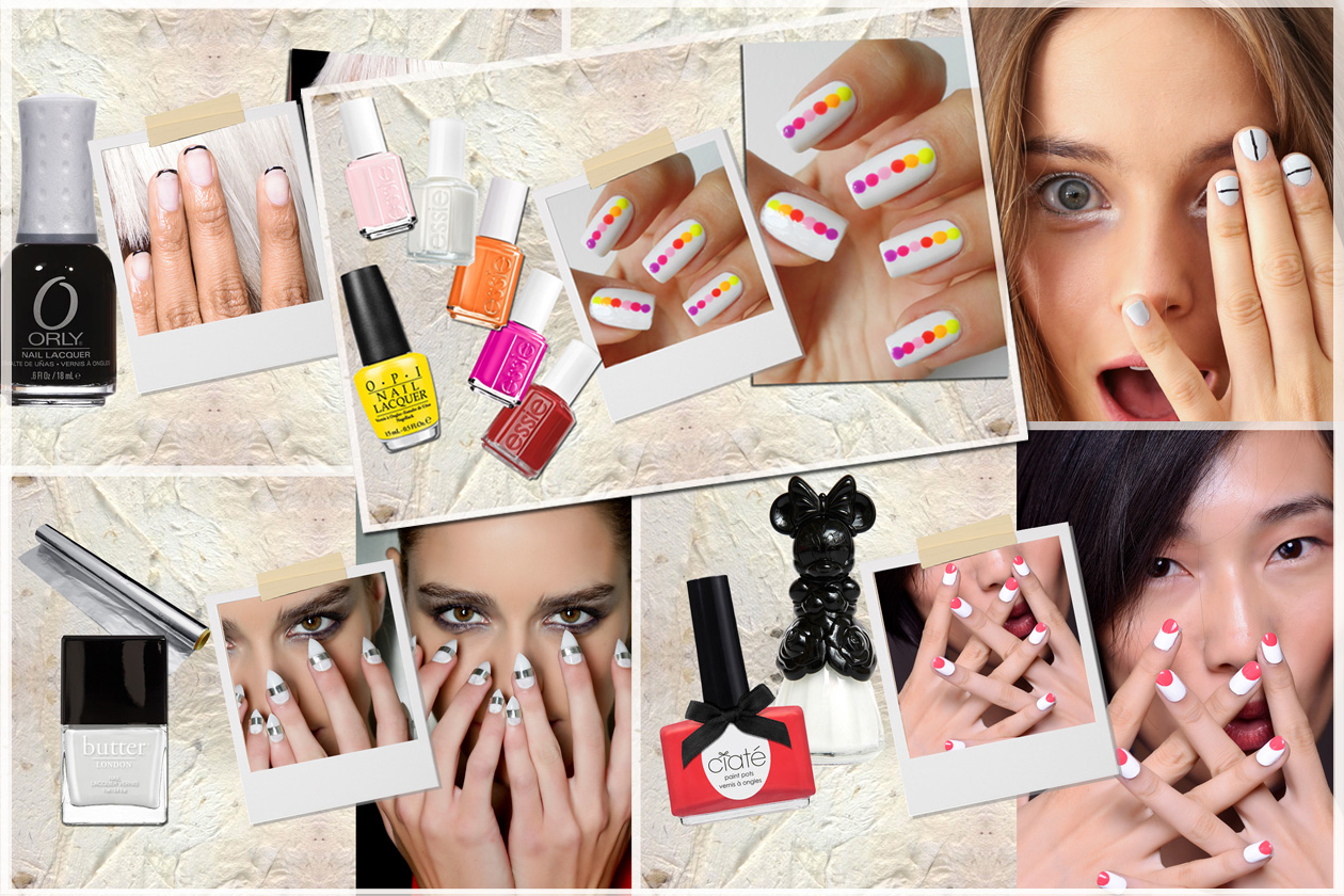 Manicure bianca impreziosita da nail art: inserti metallici e motivi geometrici per la P/E 2014