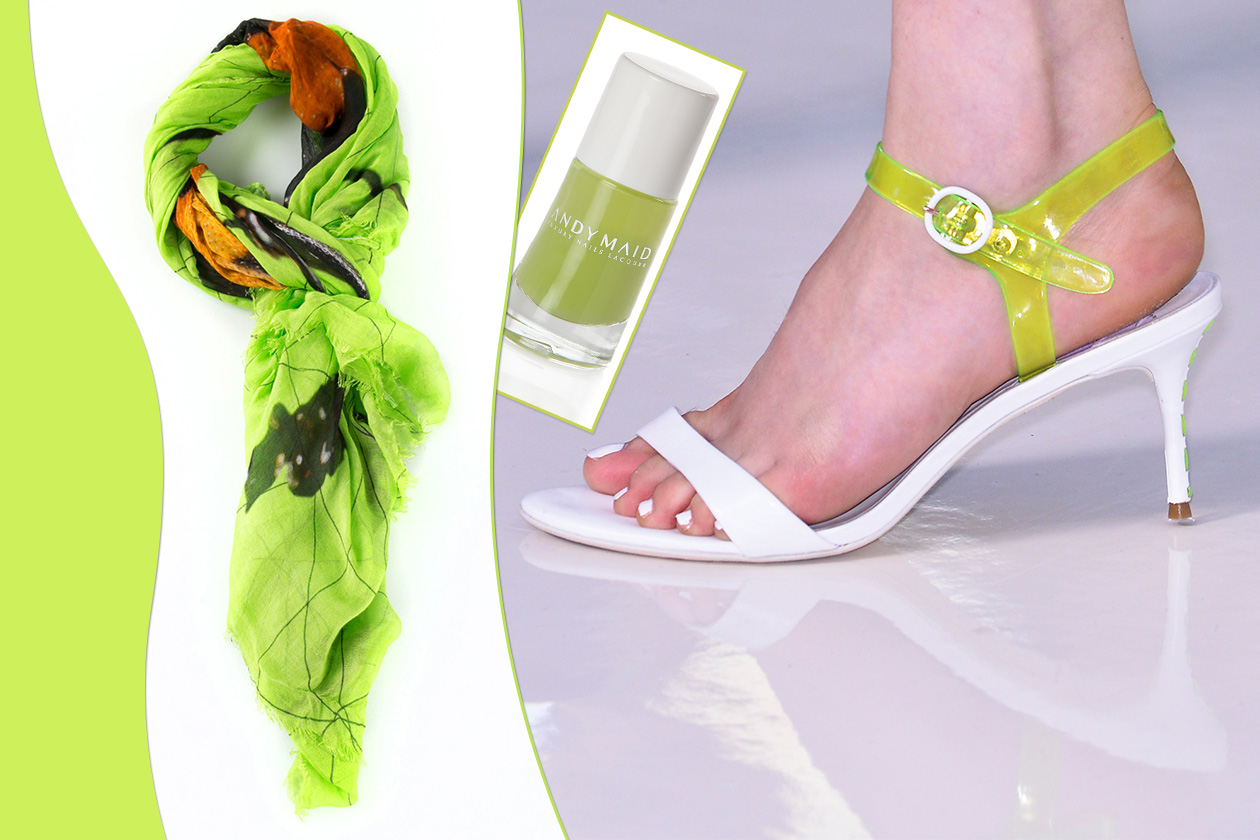 Per chi preferisce le varianti neon consigliamo il tris Luxury Nail Lacquer 185 di Andy Maid per le mani, sciarpa di Faliero Sarti e sandalo di Preen