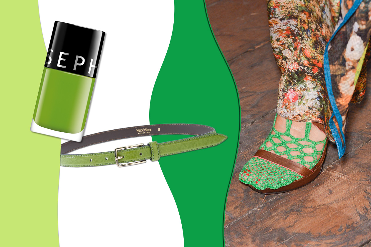 VERDE CHIARO: perfetto per i dettagli. Che sia una cinta (Max Mara), o una calza a rete (Vivienne Westwood Red Label). Per le unghie smalto by Sephora