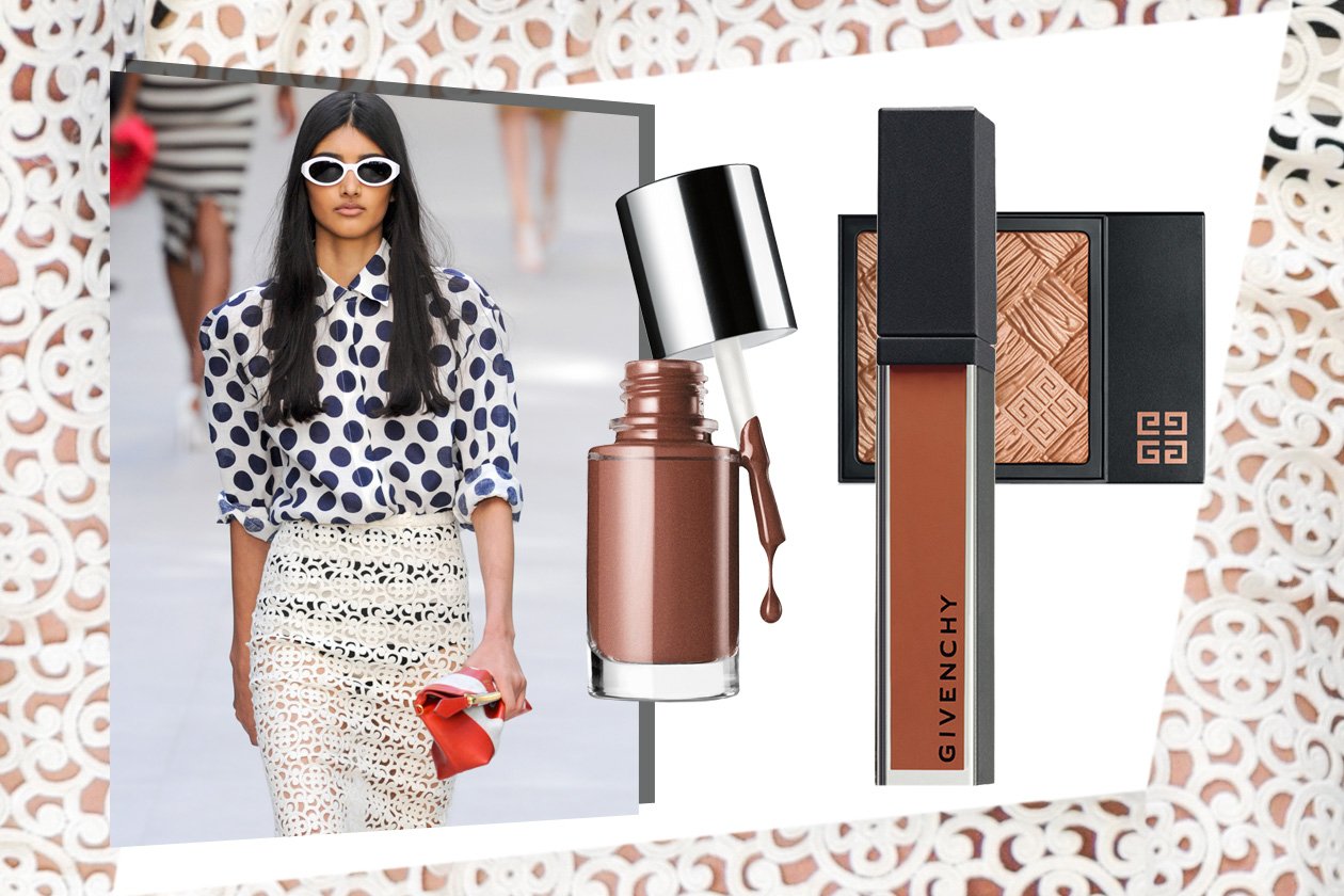 ACCOSTAMENTI INSOLITI: pois, pizzo, clutch a righe; spazio alla fantasia per Burberry Prorsum. Restano sobri i toni del trucco (Givenchy – Clinique)