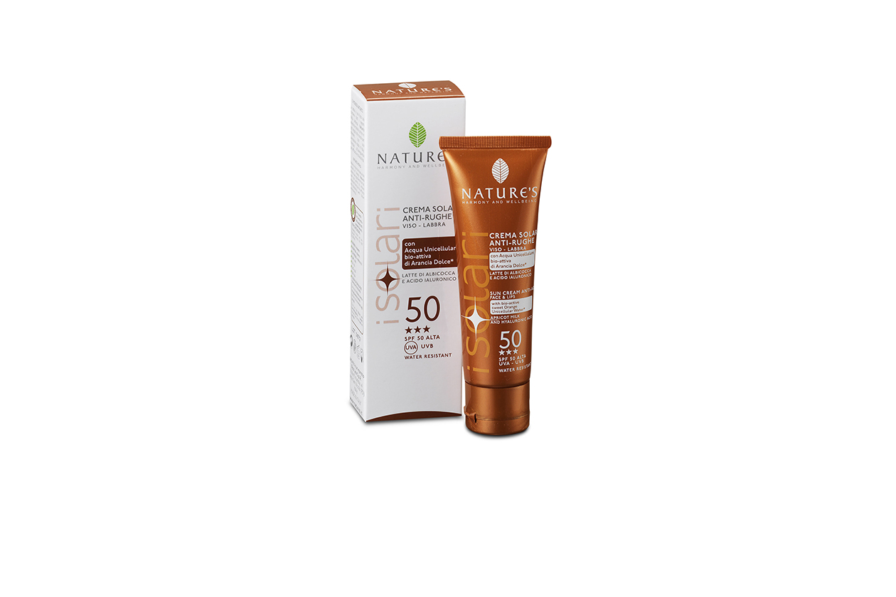 SOLUZIONI SUPER IDRATANTI: specifica per viso, labbra, collo e decolleté  la Crema solare antirughe SPF 50 di Nature’s