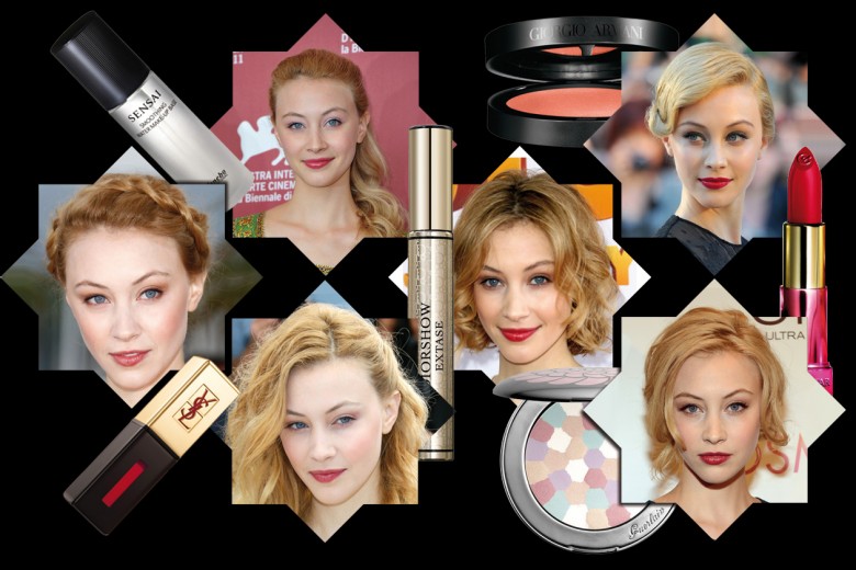 Sarah Gadon beauty look: eyeliner e rossetto rosso per make up da red carpet