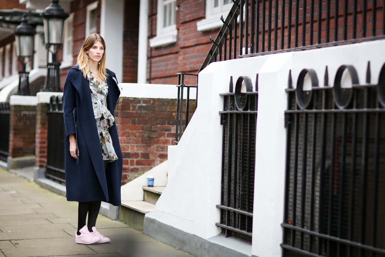 LON AW15 vicki erdem dress, acne studios coat, sneakers adidas by raf simons