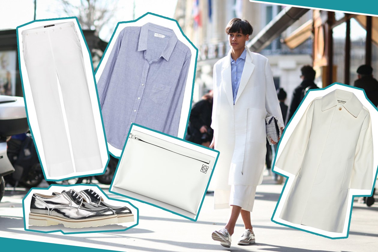 LOOK 3: TOTAL WHITE CON CAMICIA CELESTE