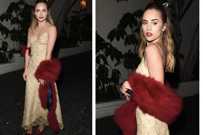 Suki Waterhouse: look vintage in pelliccia e lingerie-dress