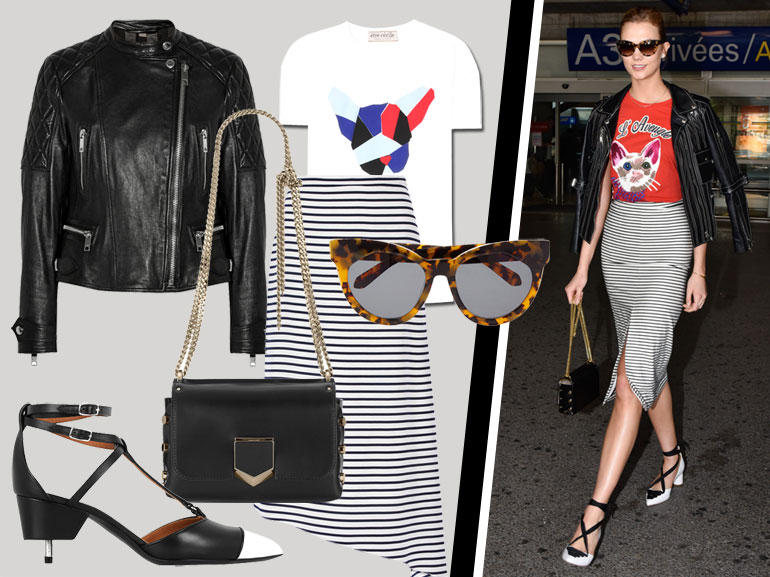 cover tshirt con gattino e gonna a righe Karlie Kloss mobile