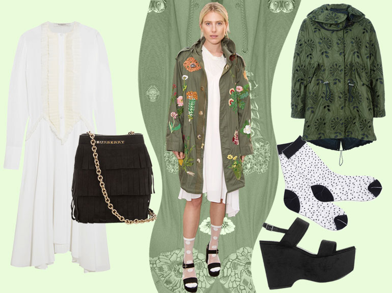 cover dree hemingway in parka e abito bianco mobile