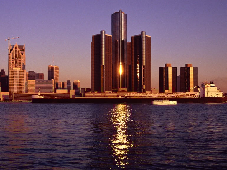 Skyscrapers by the water in Detroit