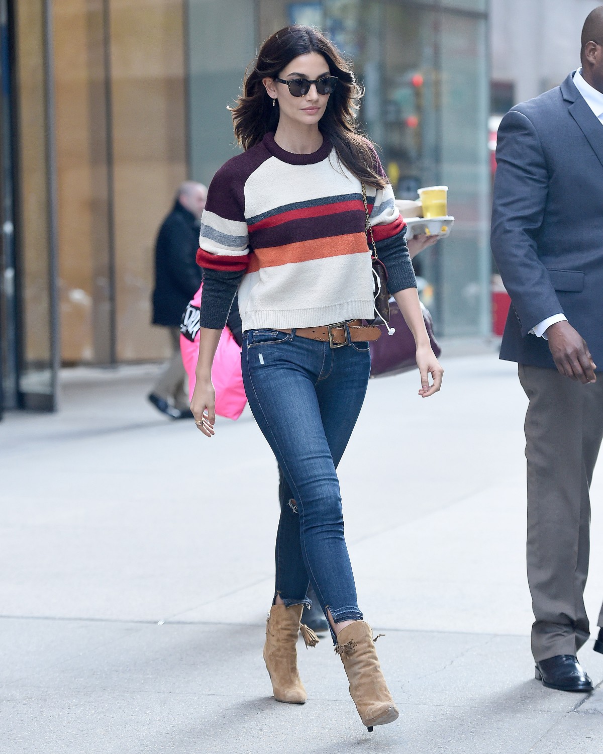 Lily Aldridge seen wearing a striped sweater for the Victoria Secret fittings in New York City