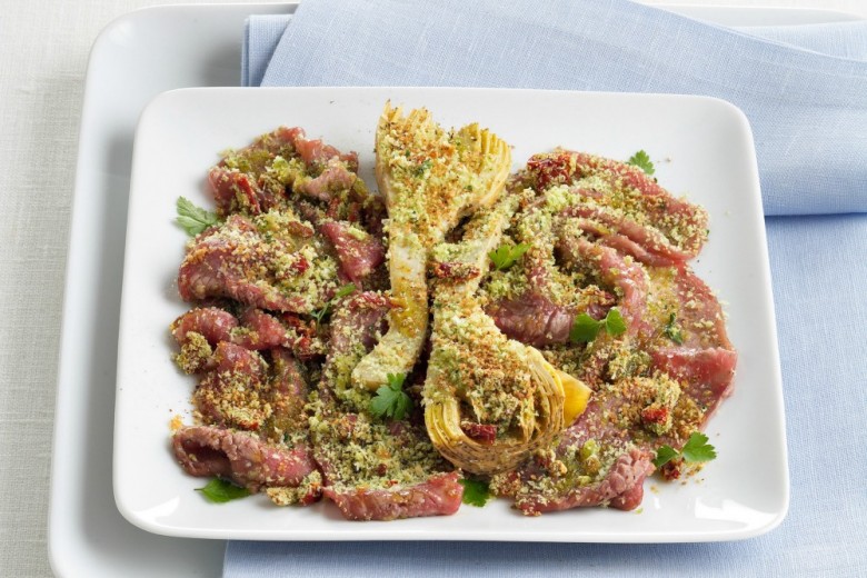 Carpaccio al forno con carciofi sott’olio