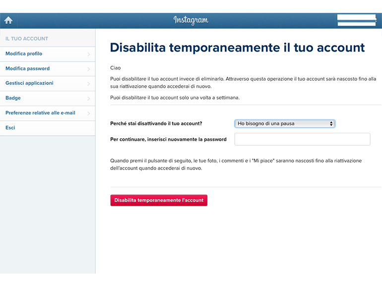 conferma disabilita account instagram